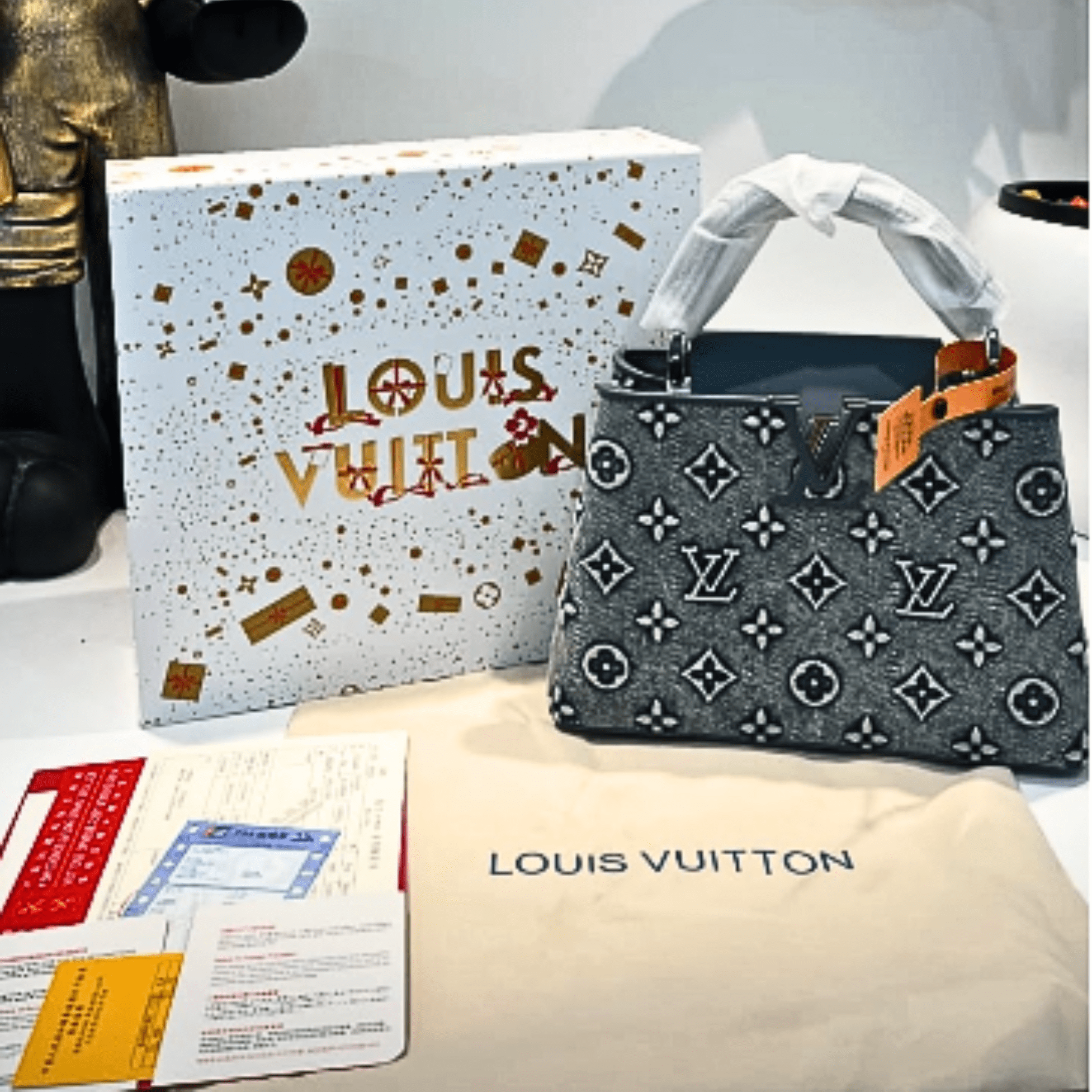 Louis Vuitton Style Mini Tote Bag β Premium Monogram Handbag with Top Handle (Grey/Black)